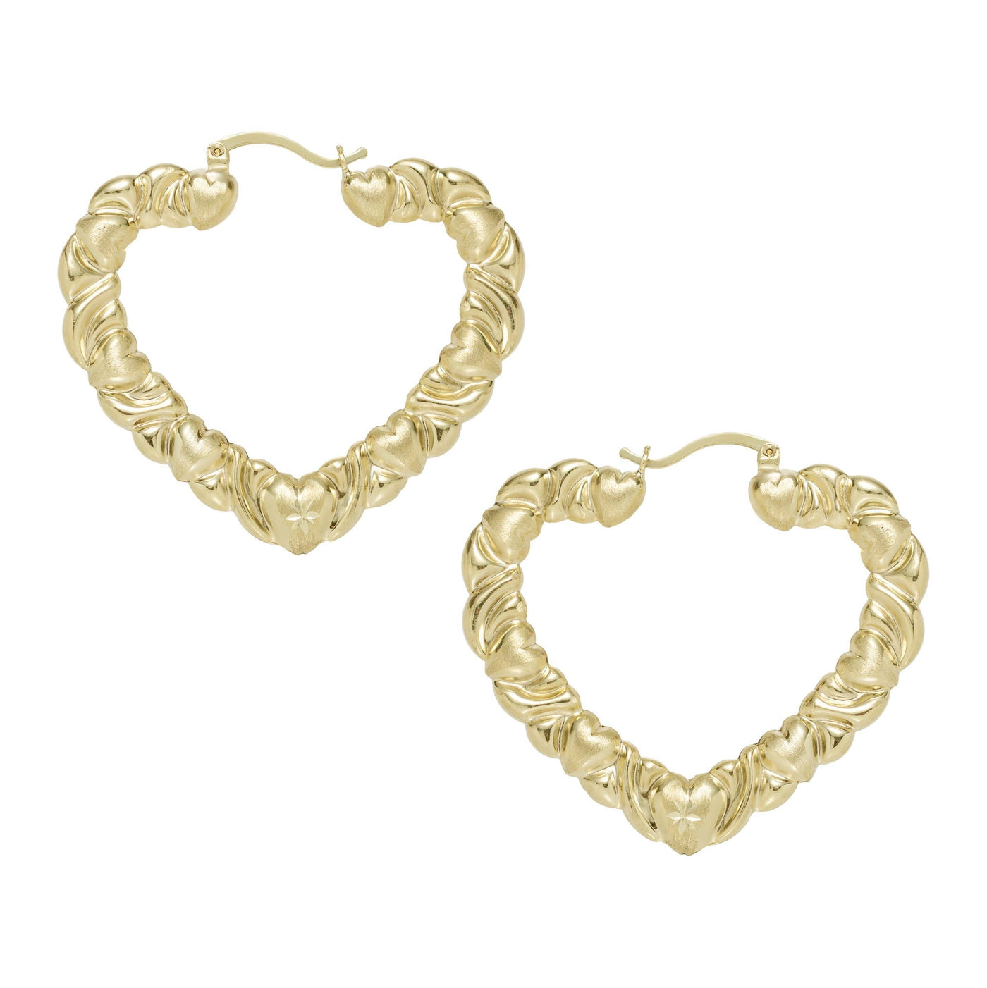 1 1/2" Textured Graduated Heart Hoop Earrings 10K Yellow Gold - bayamjewelry