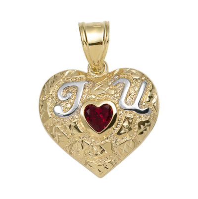 1 1/4" CZ Ruby Heart "I Love You" Pendant 10K Yellow Gold - bayamjewelry