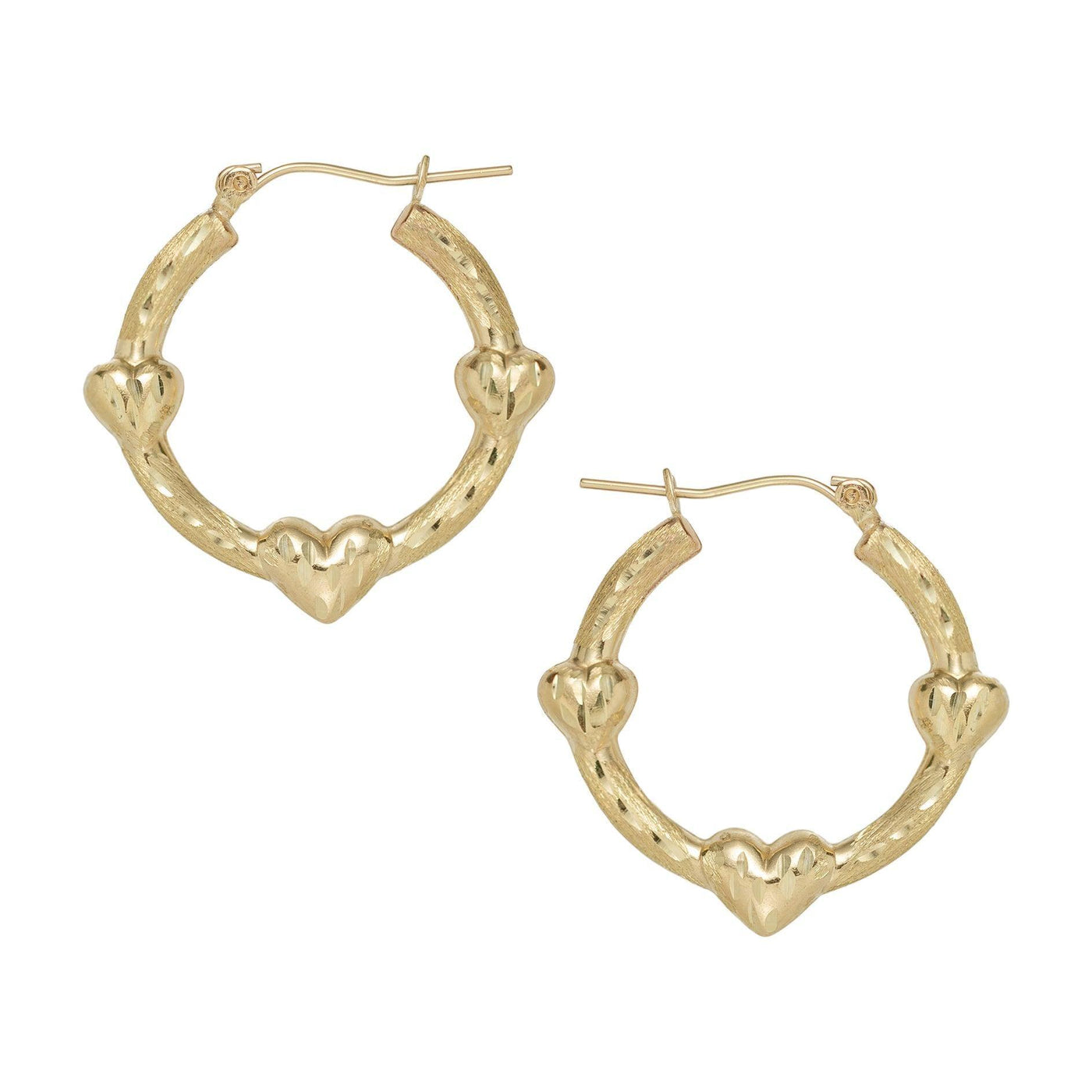 1 1/4" Diamond Cut Heart Hoop Earrings 10K Yellow Gold - bayamjewelry
