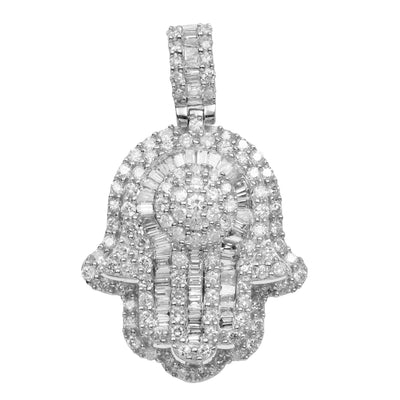 1 1/4" Hamsa Round & Baguette Cut Diamond Pendant 1.29ct 14K White Gold - bayamjewelry