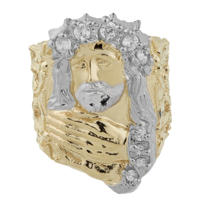 1 1/4" Huge Jesus Praying Hand Two-Tone CZ Ring Solid 10K Yellow Gold - bayamjewelry