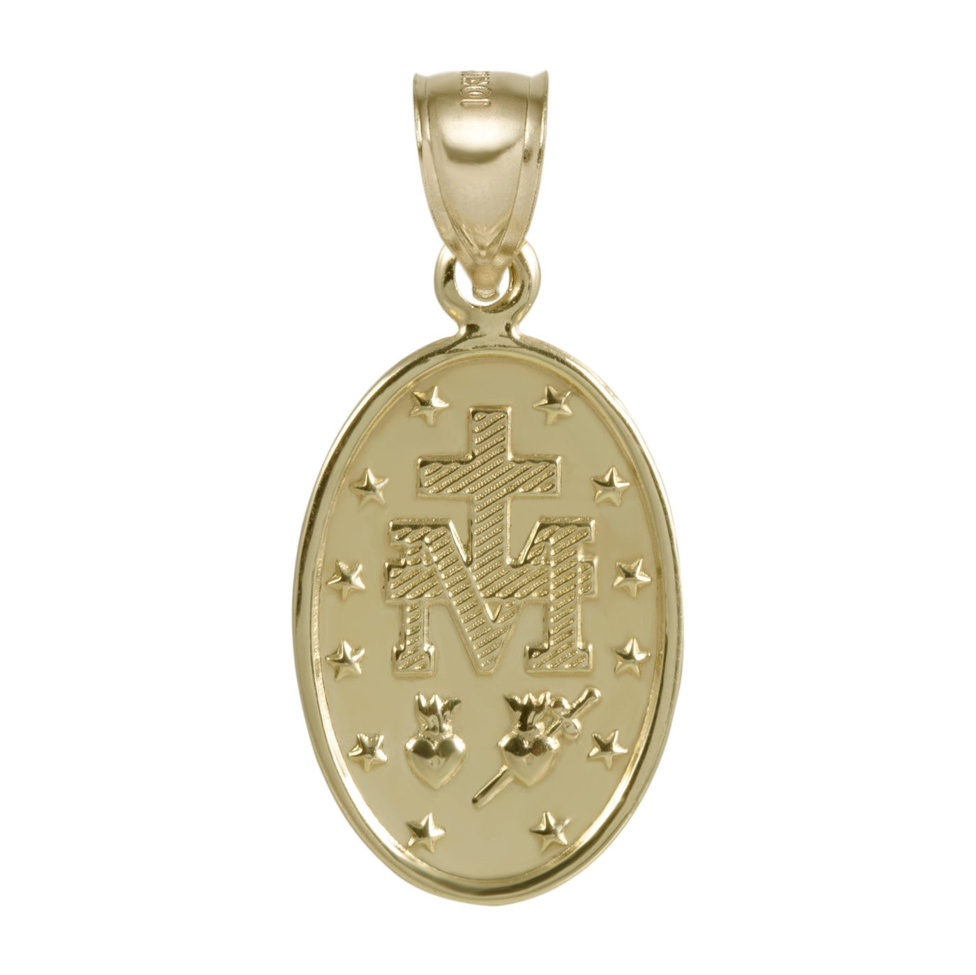 1 1/4" Oval Textured Miraculous Mary Pendant 10K Yellow Gold - bayamjewelry