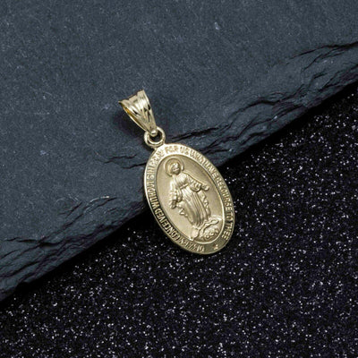 1 1/4" Oval Textured Miraculous Mary Pendant 10K Yellow Gold - bayamjewelry