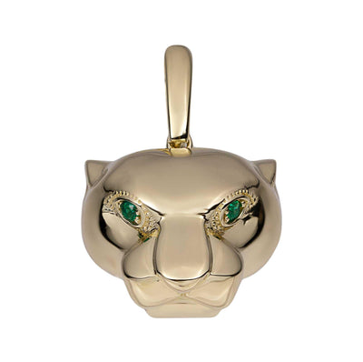 1 1/4" Panther Head with Green Eyes Pendant Solid 14K Yellow Gold - bayamjewelry