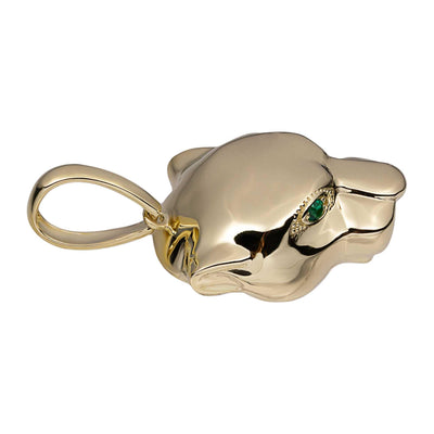 1 1/4" Panther Head with Green Eyes Pendant Solid 14K Yellow Gold - bayamjewelry