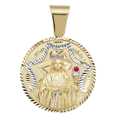 1 1/4" Saint Barbara Round Medallion Ruby Pendant Solid 10K Yellow Gold - bayamjewelry
