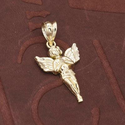1 1/8" Praying Baby Angel Diamond Cut Pendant Solid 10K Yellow Gold - bayamjewelry