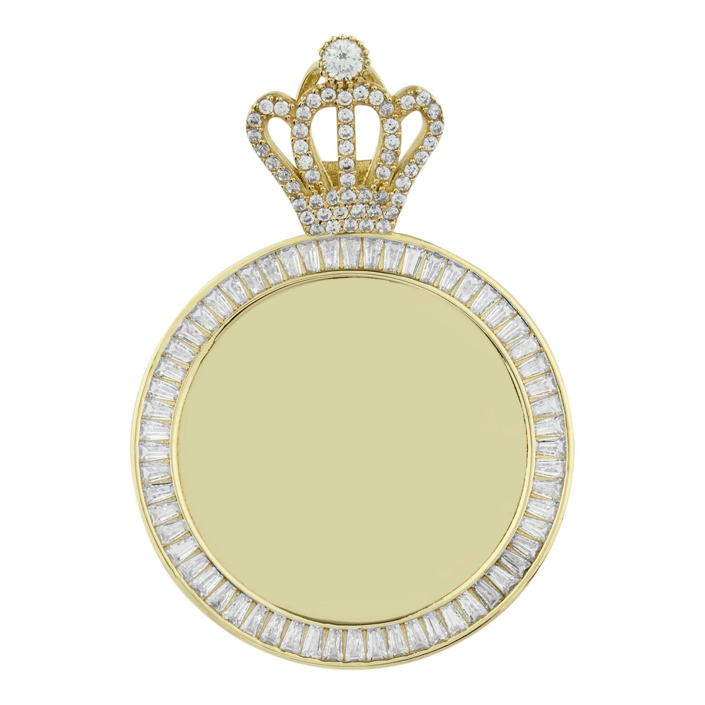 1 3/4" Crown Medallion Picture Memory Baguette CZ Pendant 10K Yellow Gold - bayamjewelry