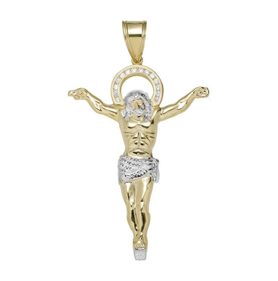 1 3/4" Crucifix Jesus Body CZ Halo Pendant 10K Yellow Gold - bayamjewelry