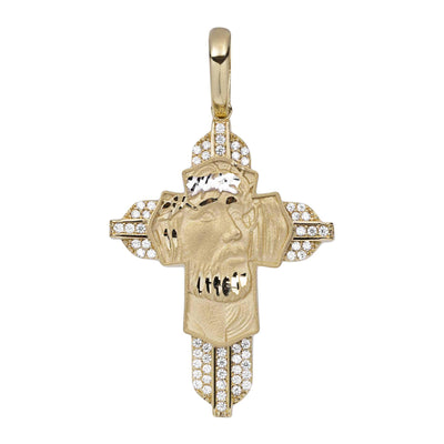 1 3/4" CZ Face of Jesus Cross Solid Pendant 14K Yellow Gold - bayamjewelry