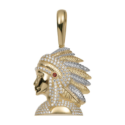 1 3/4" CZ Indian Chief Pendant 10K Yellow Gold - bayamjewelry