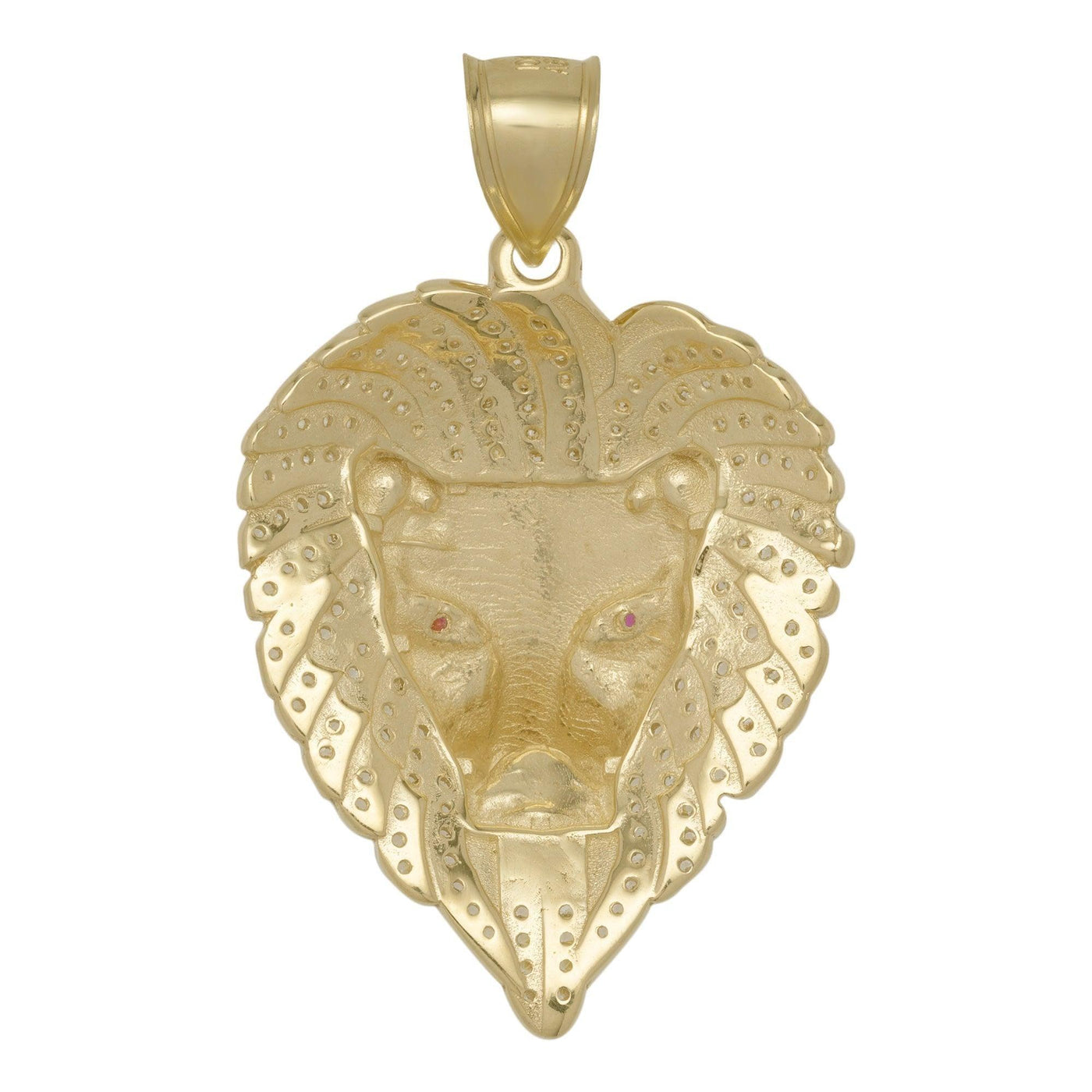 1 3/4" CZ Lion with Ruby Eyes Pendant 10K Yellow Gold - bayamjewelry