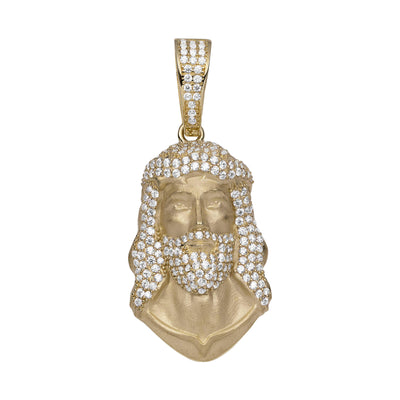 1 3/4" CZ Textured Face of Jesus Pendant 14K Yellow Gold - bayamjewelry