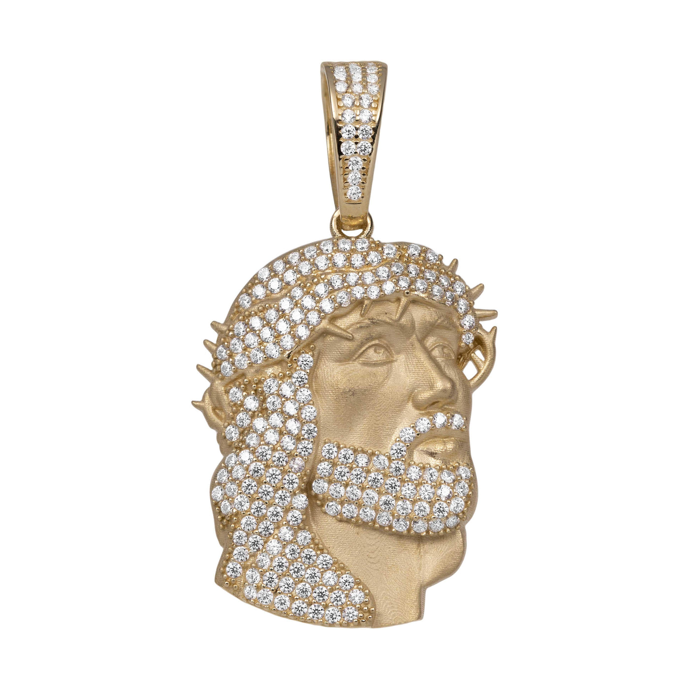 1 3/4" CZ Textured Face of Jesus Pendant Solid 14K Yellow Gold - bayamjewelry