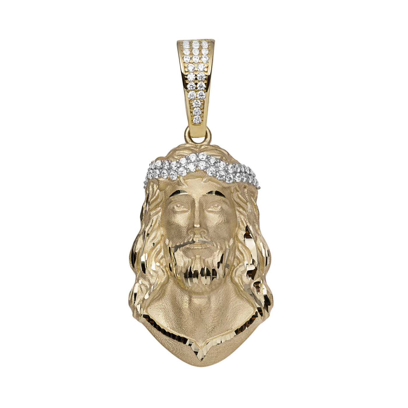 1 3/4" Diamond-Cut CZ Face of Jesus Pendant 14K Yellow Gold - bayamjewelry
