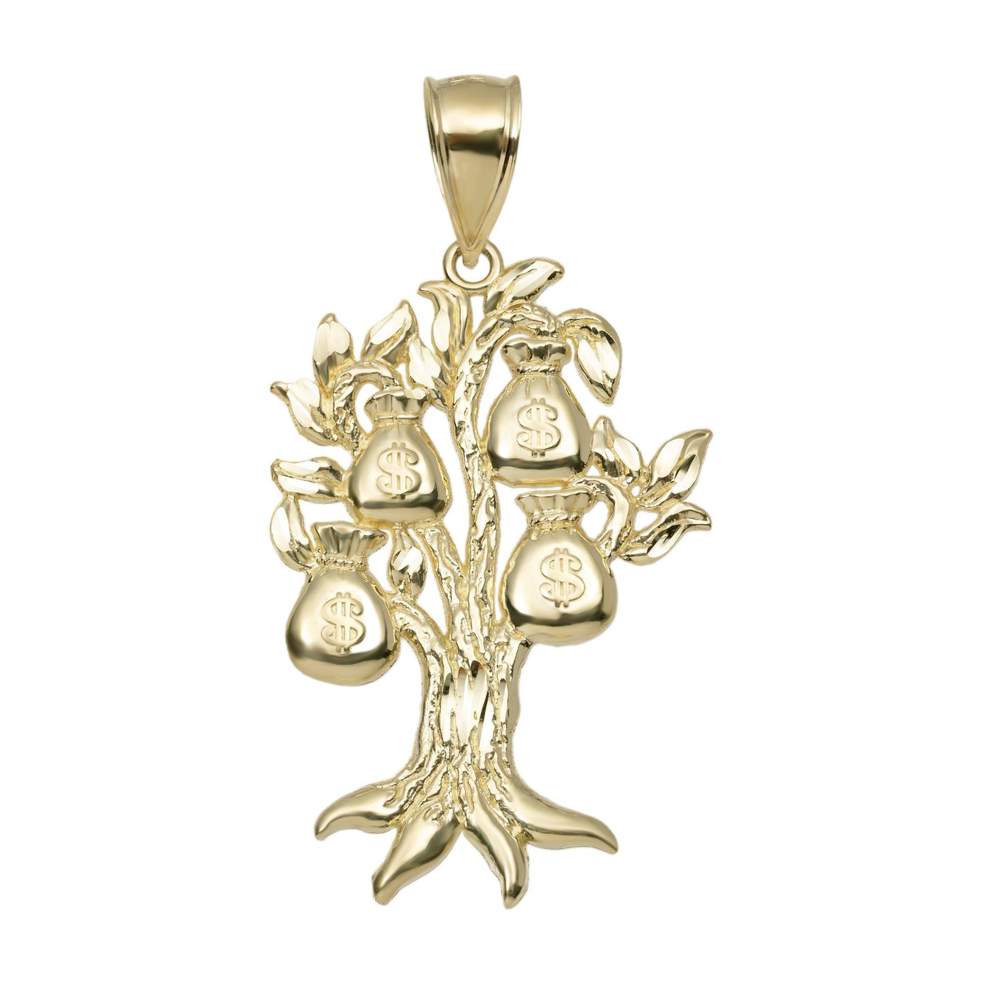 1 3/4" Diamond-Cut Money Bag Tree Luck Pendant Solid 10K Yellow Gold - bayamjewelry