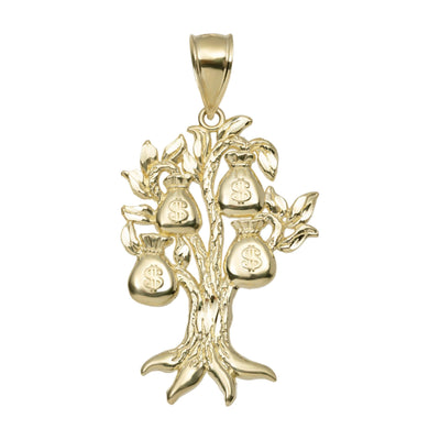1 3/4" Diamond-Cut Money Bag Tree Luck Pendant Solid 10K Yellow Gold - bayamjewelry
