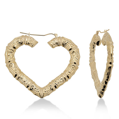 1 3/4" Heart Bamboo Hoop Earrings 10K Yellow Gold - bayamjewelry