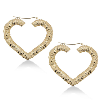 1 3/4" Heart Bamboo Hoop Earrings 10K Yellow Gold - bayamjewelry