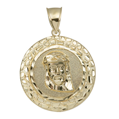 1 3/4" Nugget Bordered Jesus Medallion Pendant 10K Yellow Gold - bayamjewelry
