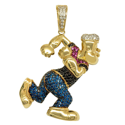 1 3/4" Popeye the Sailor CZ Pendant Solid 10K Yellow Gold - bayamjewelry