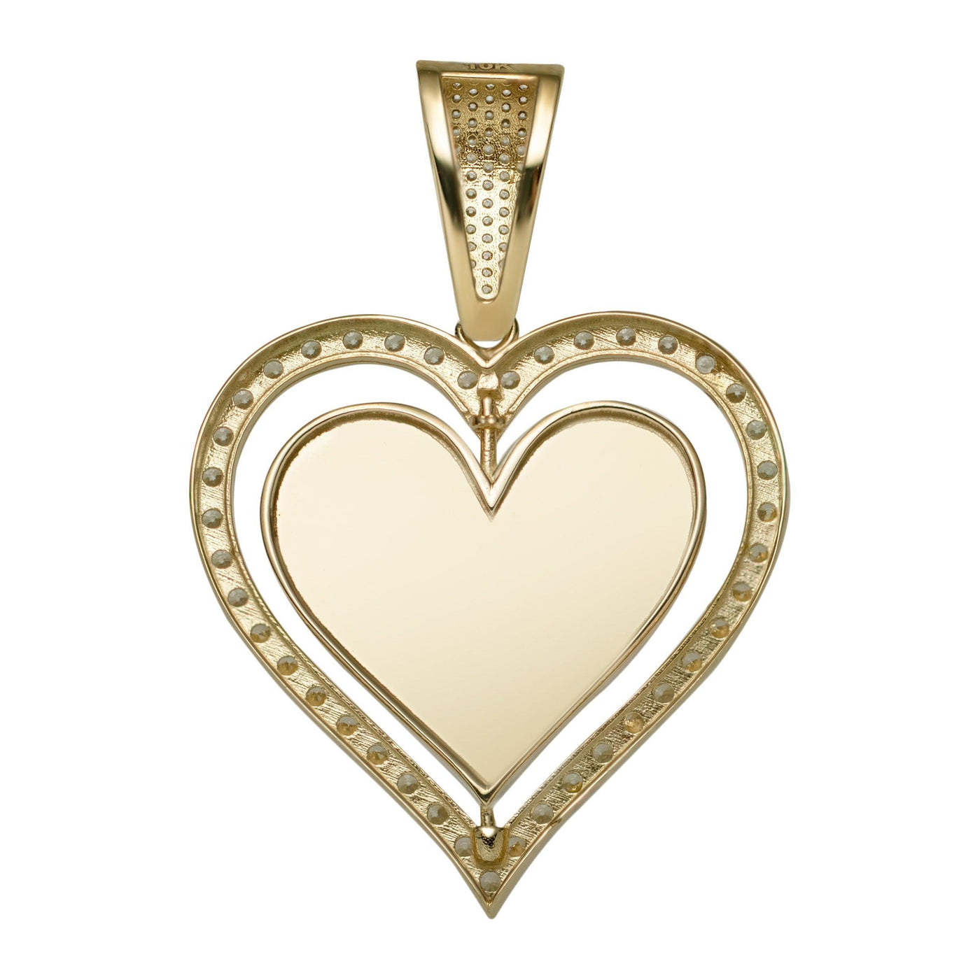 1 3/4" Reversible Heart Medallion Picture Memory CZ Pendant 10K Yellow Gold - bayamjewelry