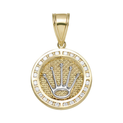 1 3/4" Round King Crown CZ Charm Pendant 10K Yellow Gold - bayamjewelry