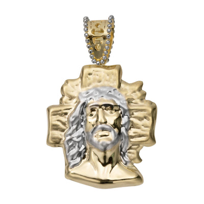 1 3/4" Textured Face Of Jesus Cross Pendant 14K Yellow Gold - bayamjewelry