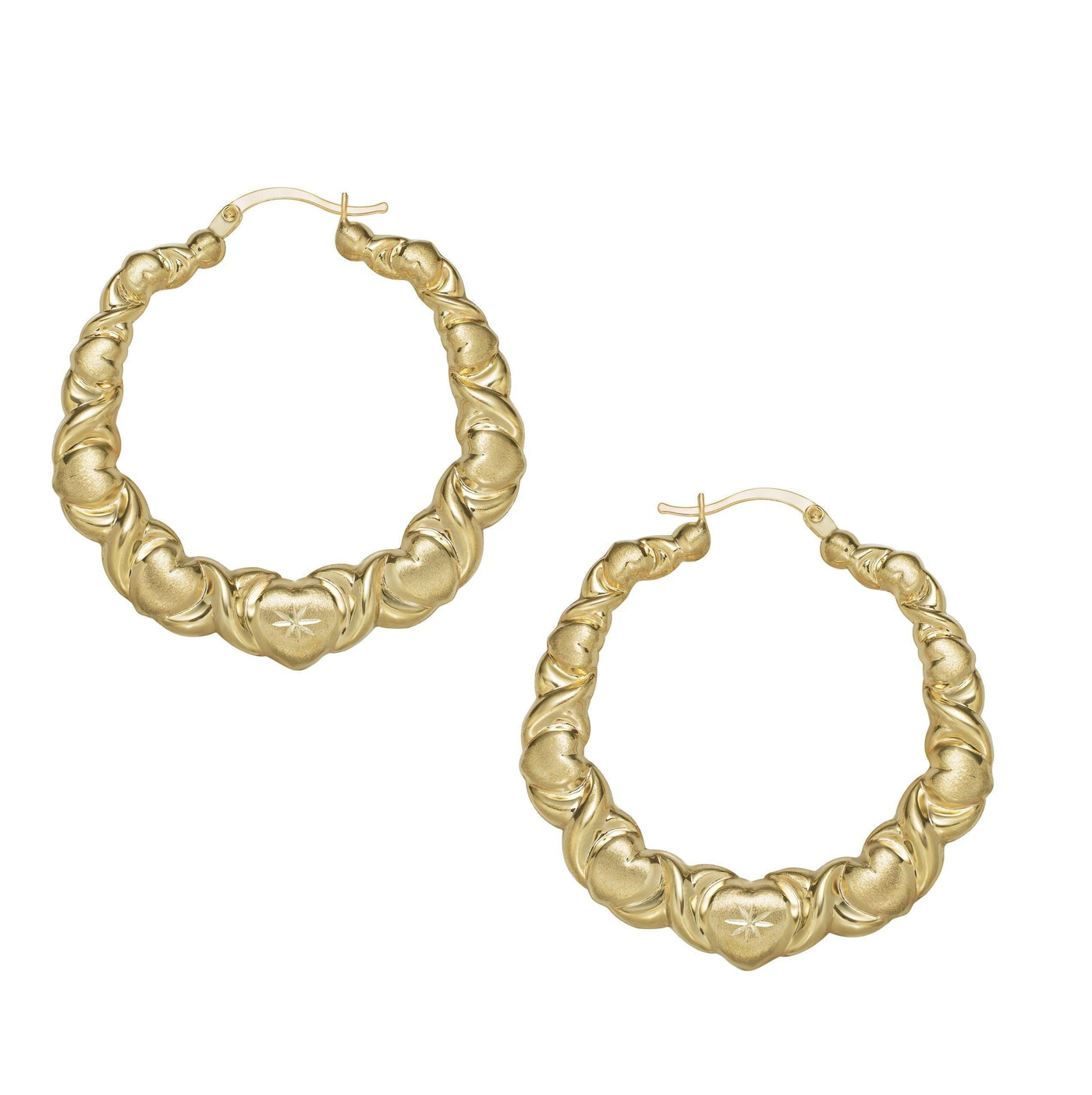 1 3/4" Textured Graduated Heart Hoop Earrings 10K Yellow Gold - bayamjewelry