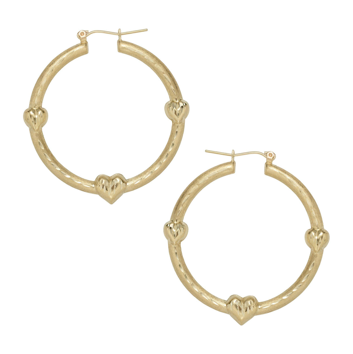 1 3/4" Textured Heart Hoop Earrings 10K Yellow Gold - bayamjewelry