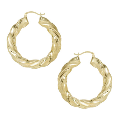 1 3/8" 4x33mm Graduated Twisted Diamond Cut Hoop Earrings 10K Yellow Gold - bayamjewelry