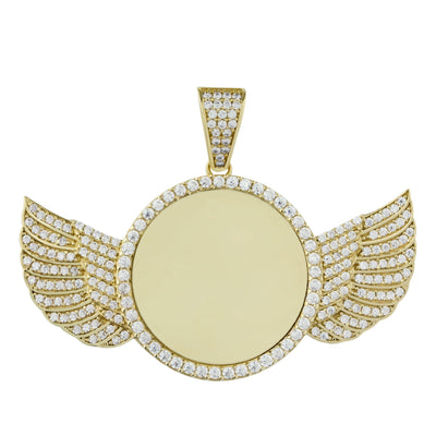 1 3/8" Angel Wings Picture Frame Memory CZ Pendant SOLID 10K Yellow Gold - bayamjewelry