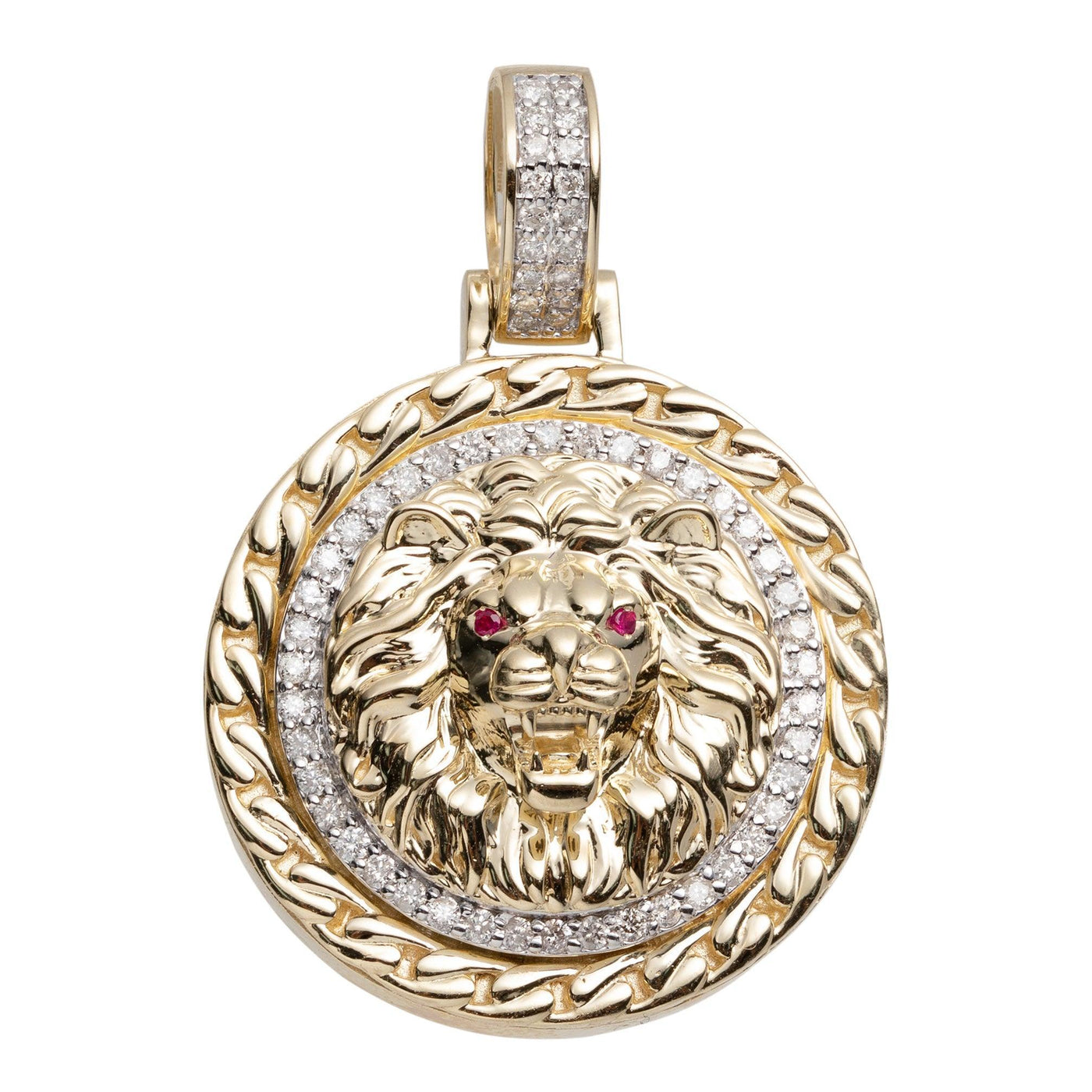 1 3/8" Curb Link Bordered Roaring Lion with Ruby Eyes 0.60ct Diamond Medallion Pendant 14K Yellow Gold - bayamjewelry