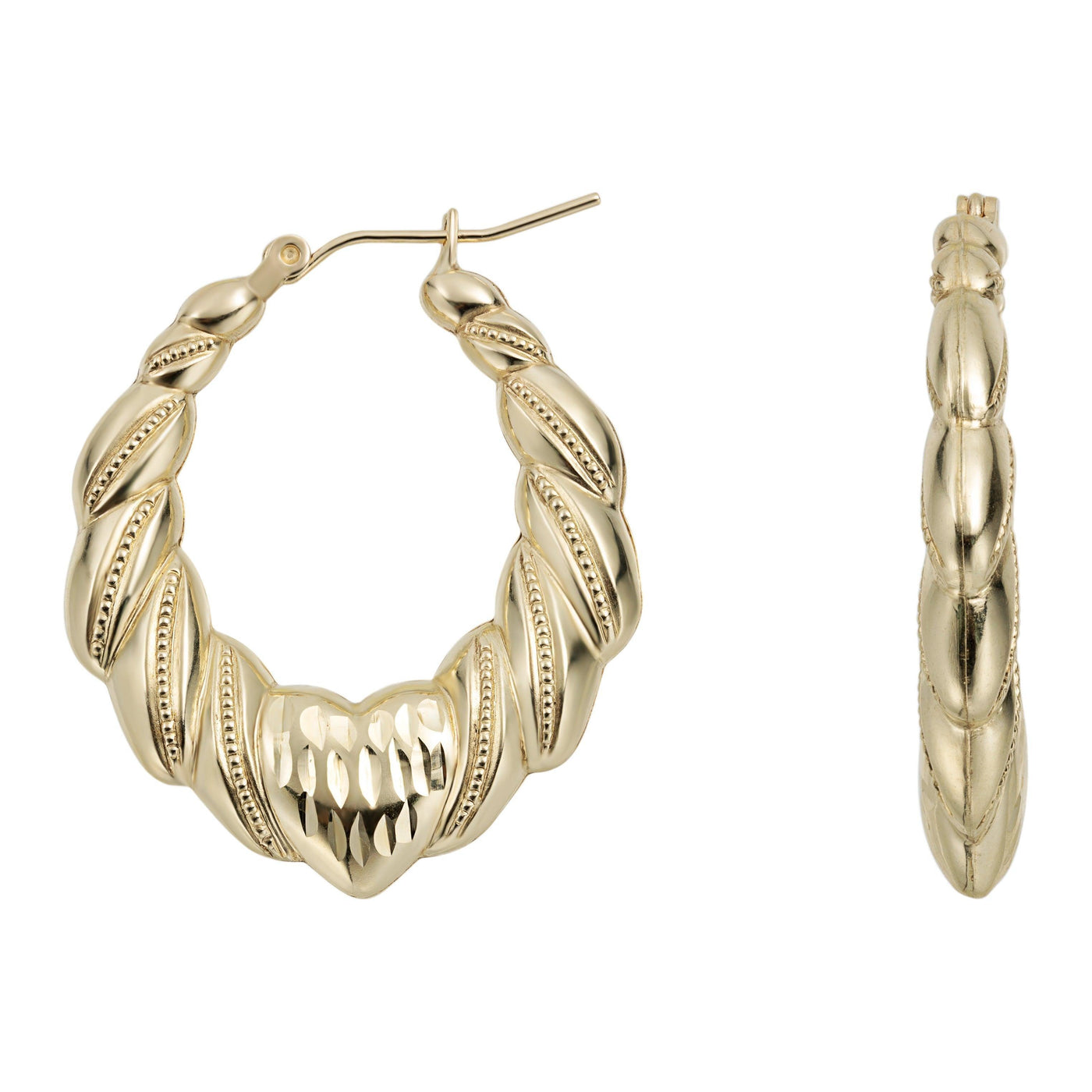 1 3/8" Graduated Diamond Cut Bamboo Heart Hoop Earrings 10K Yellow Gold - bayamjewelry
