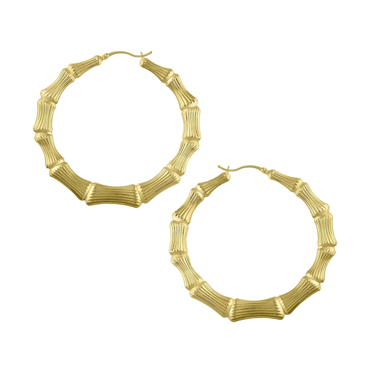 1 3/8" Graduated Diamond Cut Bamboo Hoop Earrings 14K Yellow Gold - bayamjewelry