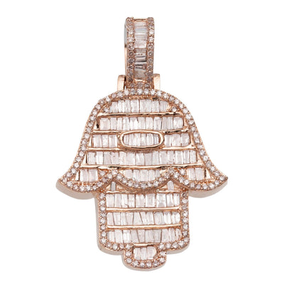 1 3/8" Hamsa Round & Baguette Cut Diamond Pendant 1.77ct 14K Rose Gold - bayamjewelry