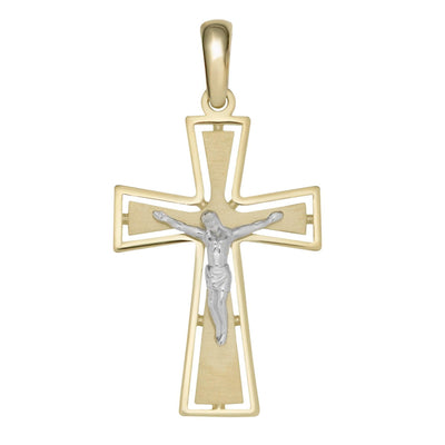 1 3/8" Open Back Jesus Cross Crucifix Two-Tone Pendant Solid 10K Yellow Gold - bayamjewelry