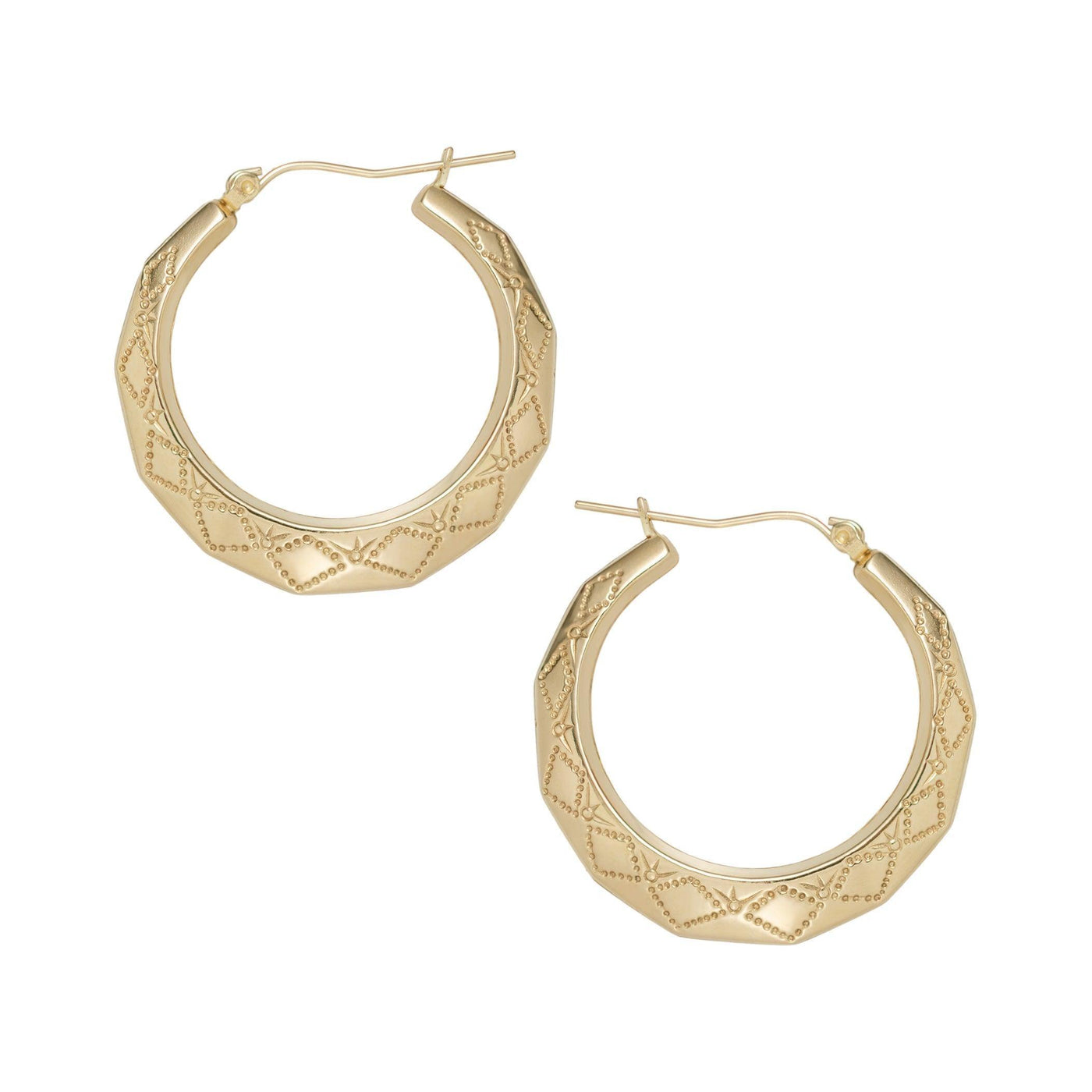 1 3/8" Rhombus Shape Textured Hoop Earrings 10K Yellow Gold - bayamjewelry
