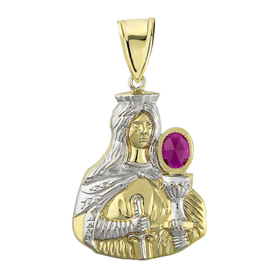 1 3/8" Saint Barbara Diamond Cut Ruby Pendant 10K Yellow Gold - bayamjewelry