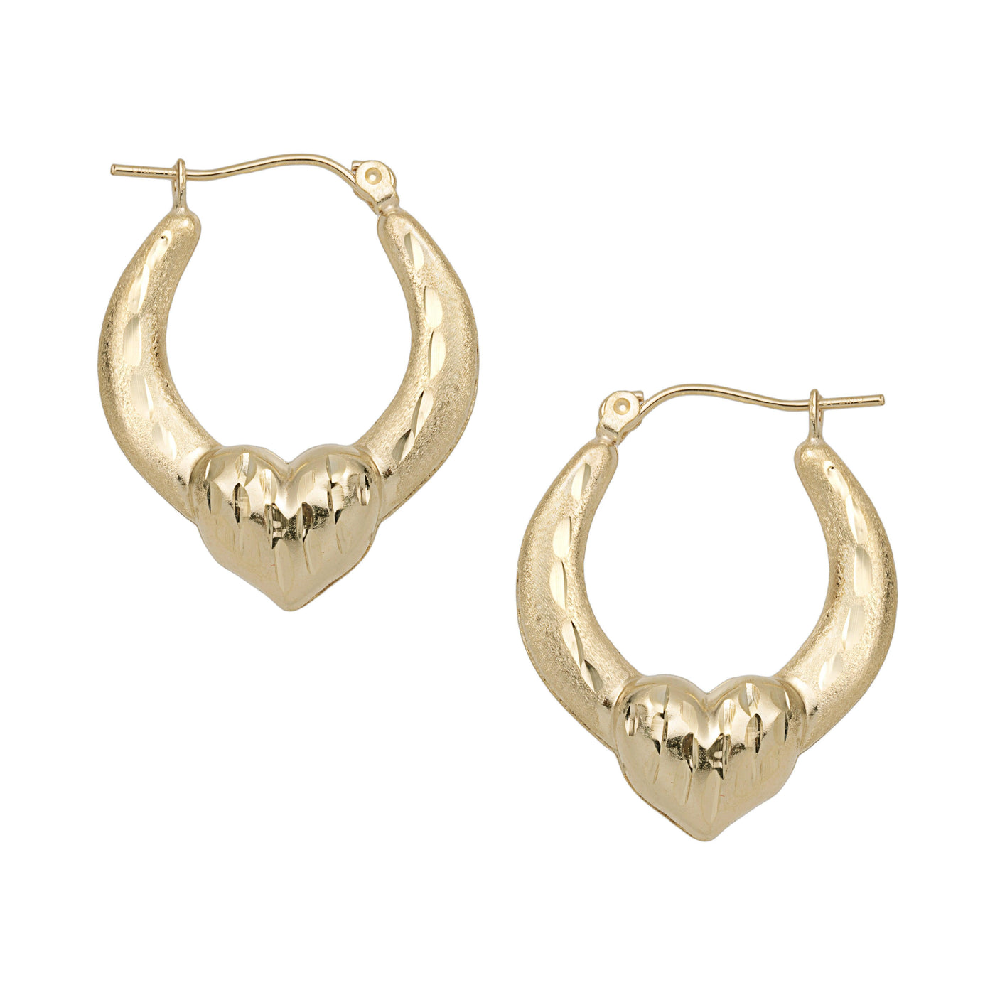 1" Diamond Cut Graduated Heart Hoop Earrings 10K Yellow Gold - bayamjewelry