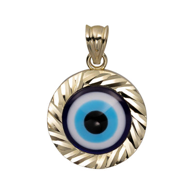 1" Diamond-Cut Round Evil Eye Pendant Solid 10K Yellow Gold - bayamjewelry