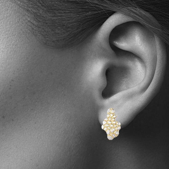 1" Large Nugget Two-Tone Stud Earrings 10K Yellow Gold - bayamjewelry
