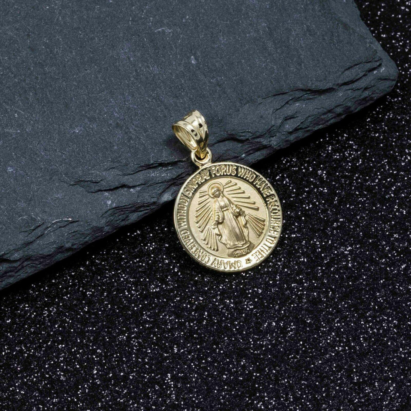 1" Round Textured Miraculous Mary Pendant 10K Yellow Gold - bayamjewelry