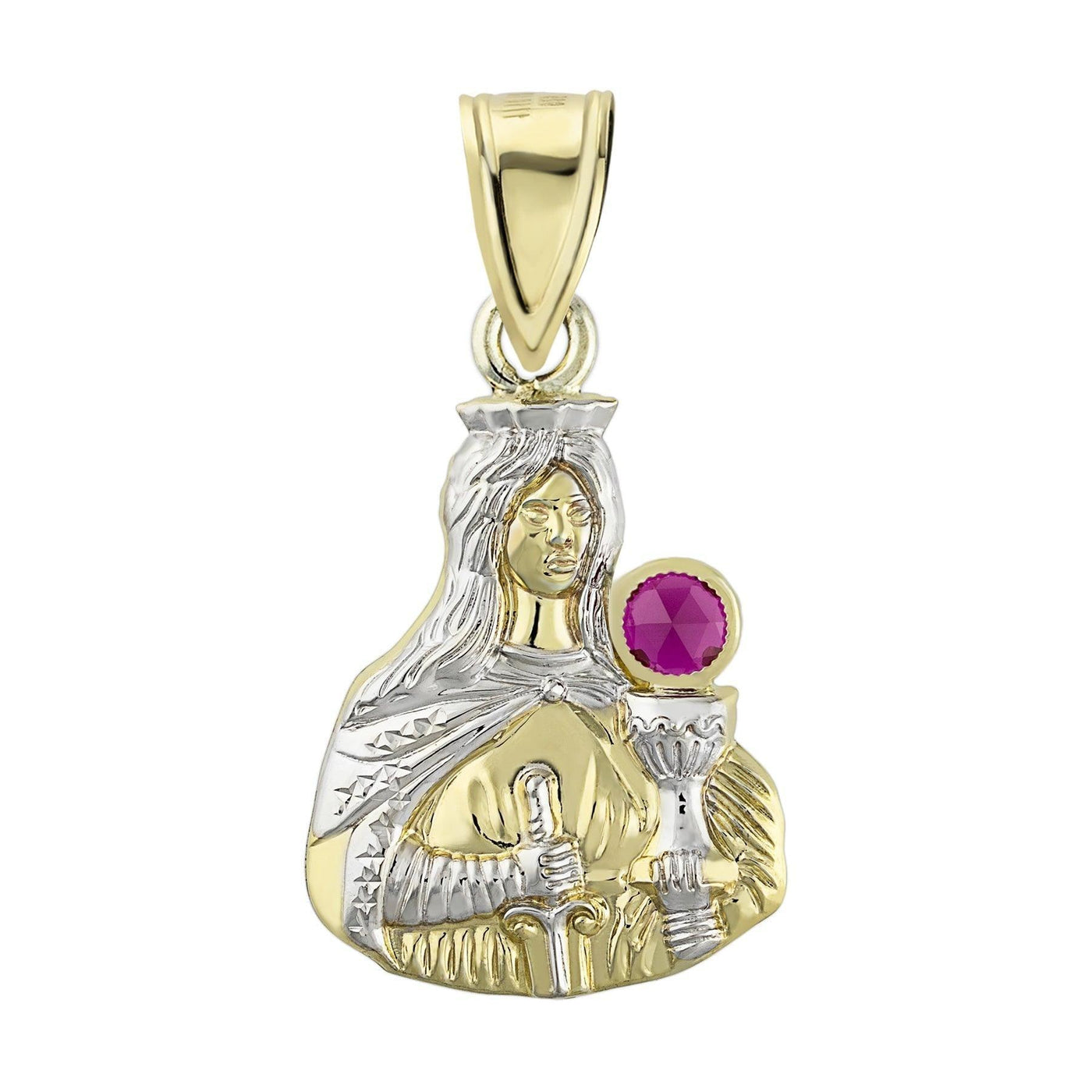 1" Saint Barbara Diamond Cut Ruby Pendant 10K Yellow Gold - bayamjewelry
