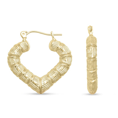 1" Small Diamond Cut Heart Bamboo Hoop Earrings 10K Yellow Gold - bayamjewelry