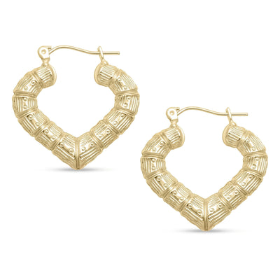 1" Small Diamond Cut Heart Bamboo Hoop Earrings 10K Yellow Gold - bayamjewelry