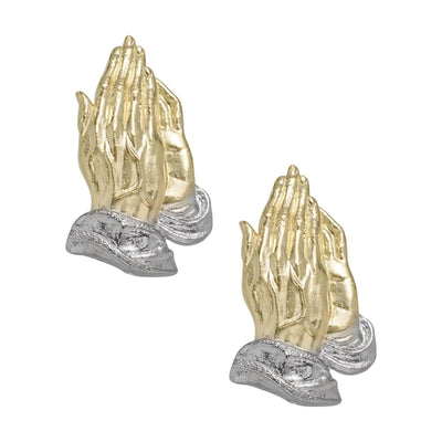 1" Two-Tone Praying Hands Stud Earrings Solid 10K Yellow Gold - bayamjewelry