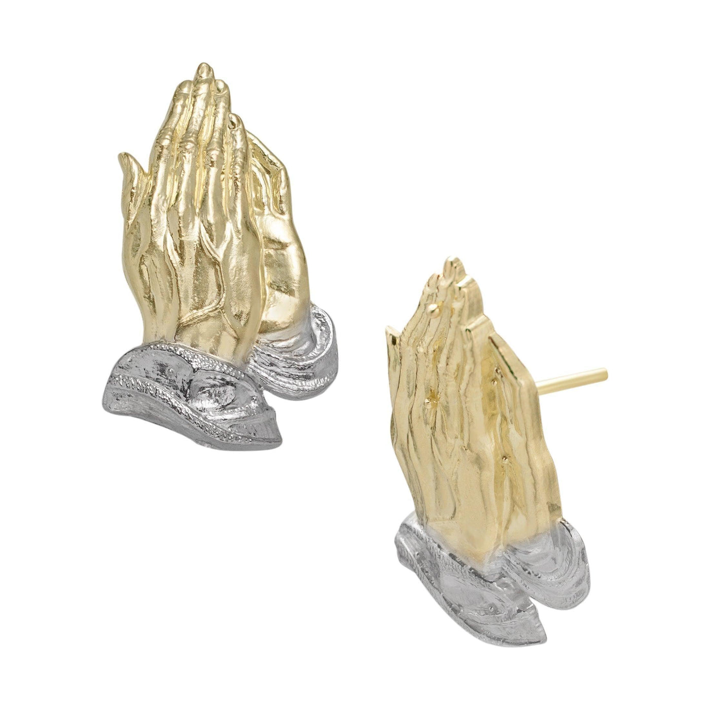 1" Two-Tone Praying Hands Stud Earrings Solid 10K Yellow Gold - bayamjewelry