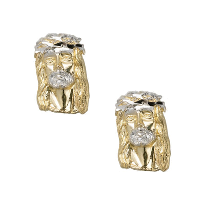 1/2" Two-Tone Jesus Textured Stud Earrings Solid 10K Yellow Gold - bayamjewelry