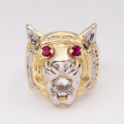 Ruby Eyes & CZ Tiger Ring 10K Yellow Gold